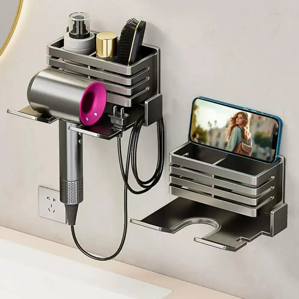 Wall Mounted Bathroom Shelf No Drill Multifunctional Storage Shelves Organizer with Hair Dryer Holder Toilet Cradle