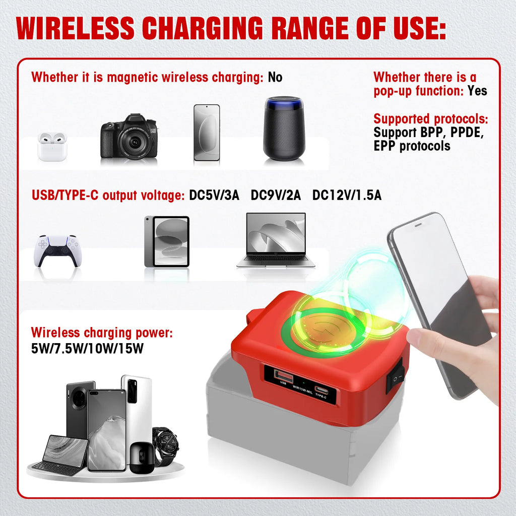 15W Wireless Charger for Makita Dewalt Milwaukee Bosch 18V-20V Battery USB Type-C Fast Charging Adapter PD QC Mobile Phone