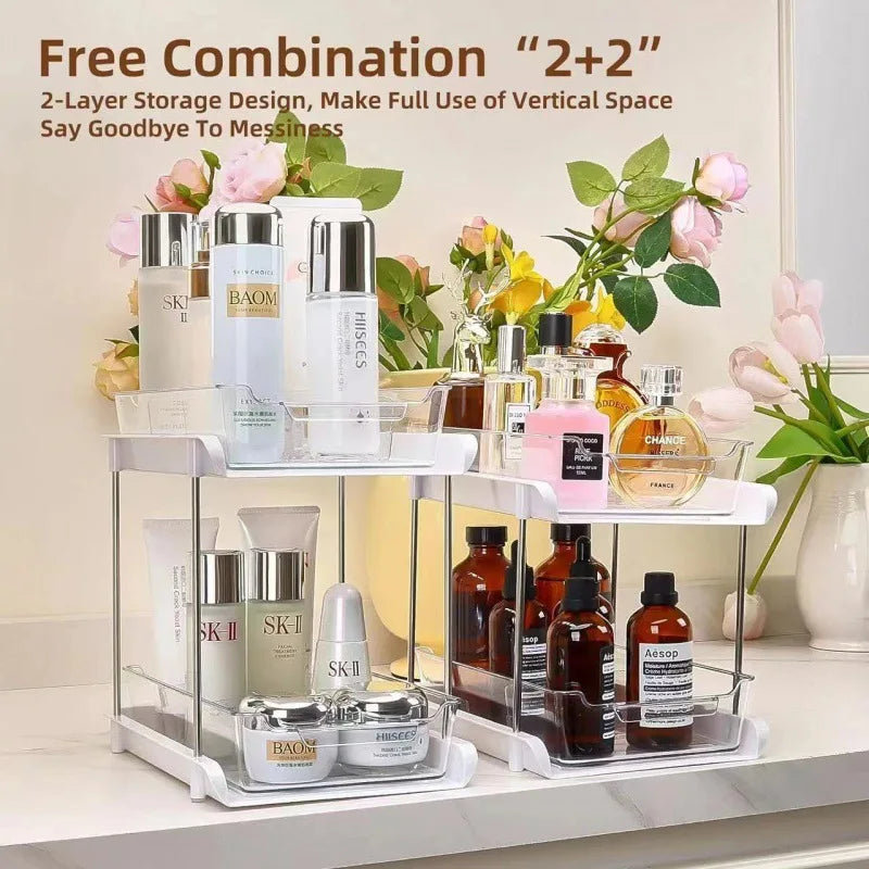 Double Layer Under Sink Storage Rack Space Saving Pull Out Slide Shelf for Bathroom Kitchen Cabinet Multi Functional Organizer