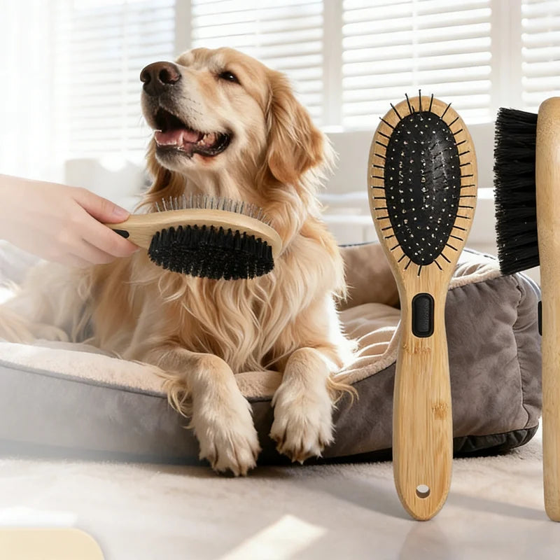 Dual-Sided Boar Bristle Pet Brush: Massage & Deshedding Grooming Tool for Dogs & Cats, Gentle Cleaning and Shine Enhancer