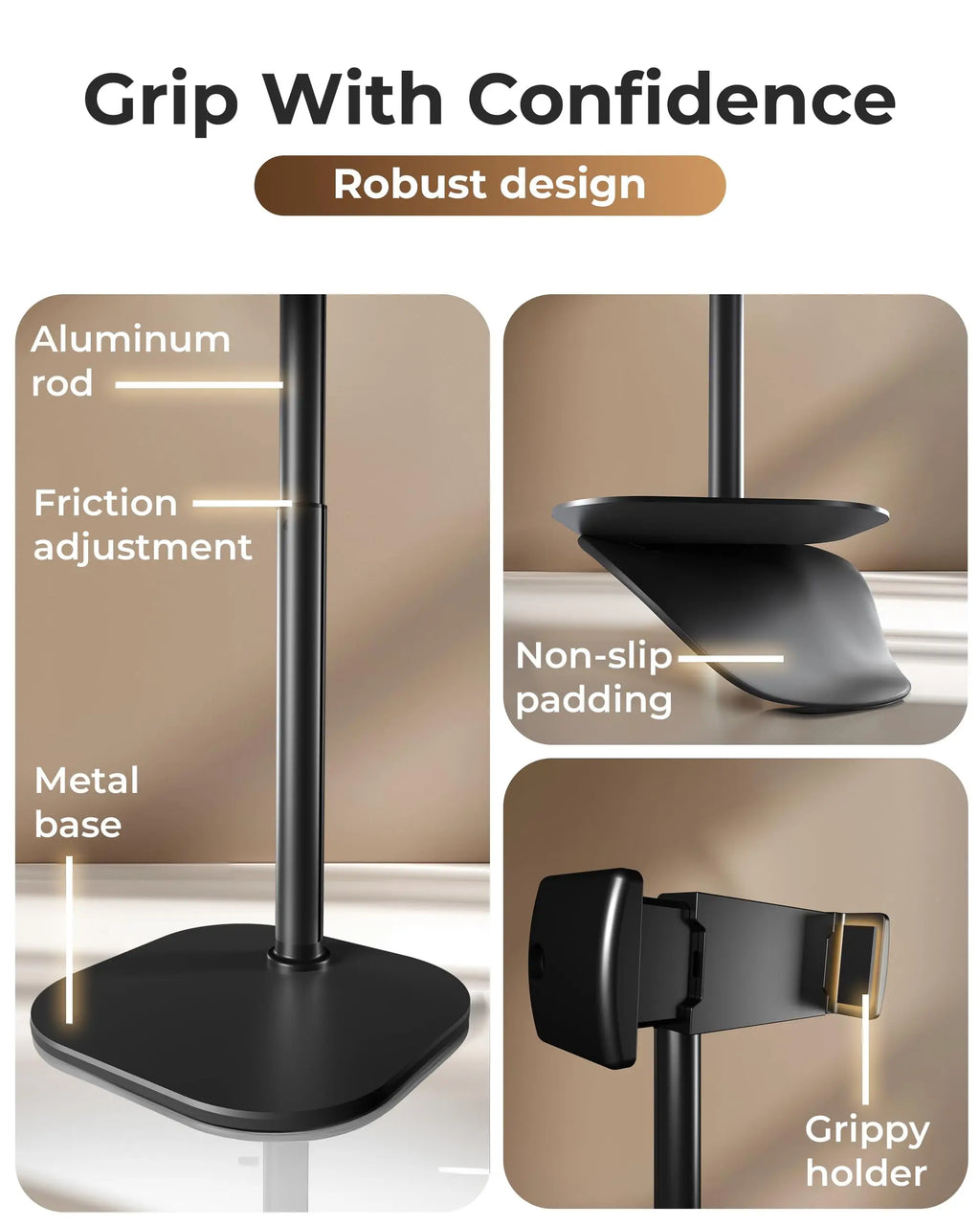 Adjustable Cell Phone Stand for Desk, Rotating Cell Phone Holder for Desk with 9-14" Face-Level View, Metal Desktop Tripod
