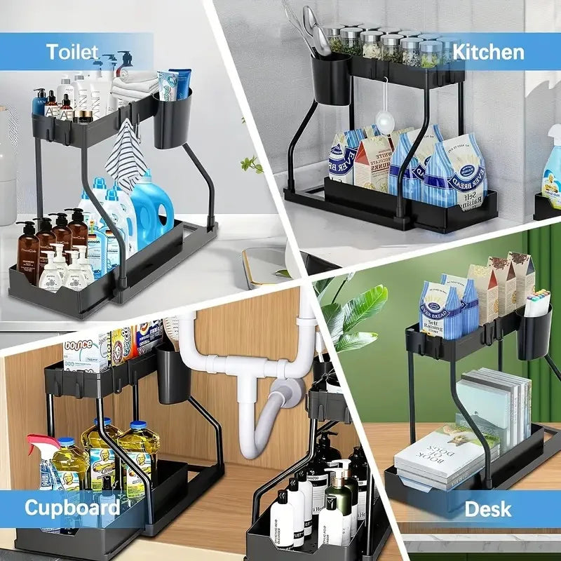 2 Tier Under Sink Organizer, Pull Out Cabinet Storage Shelf with Hooks & Hanging Cup, Space Saving Rack for Kitchen Bathroom