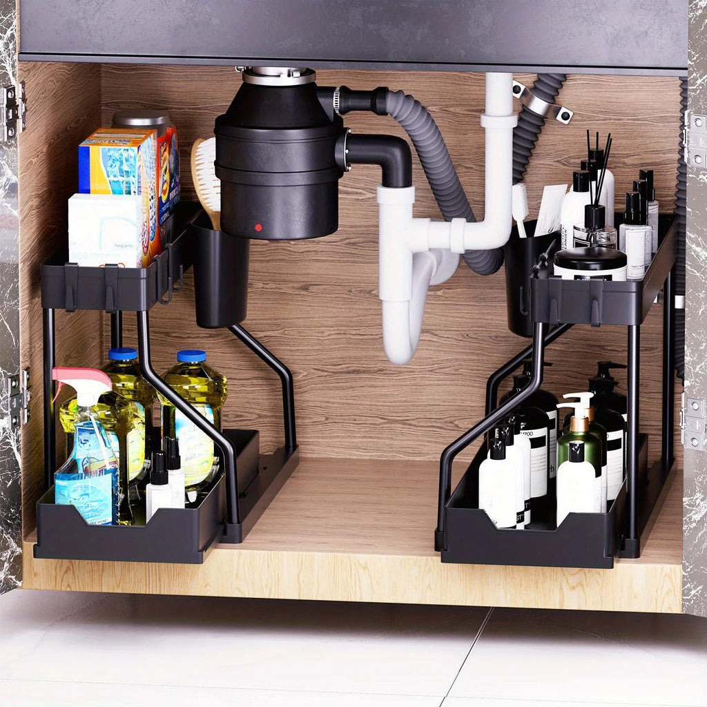 2 Tier Under Sink Organizer, Pull Out Cabinet Storage Shelf with Hooks & Hanging Cup, Space Saving Rack for Kitchen Bathroom