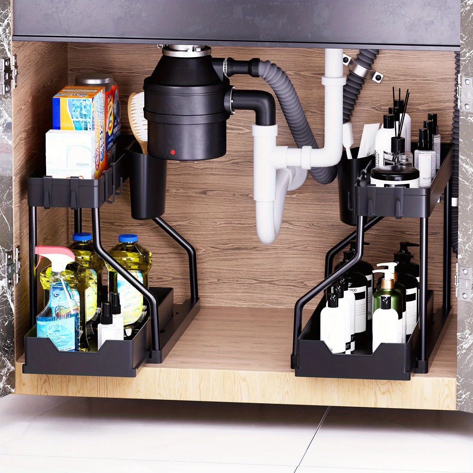 2 Tier Under Sink Organizer, Pull Out Cabinet Storage Shelf with Hooks & Hanging Cup, Space Saving Rack for Kitchen Bathroom