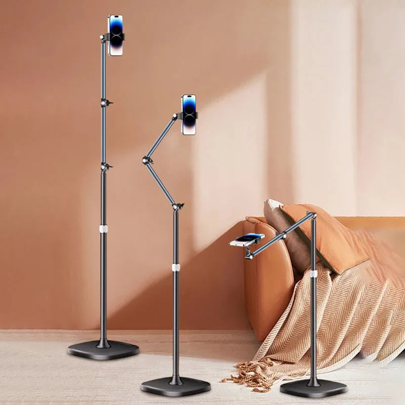 Stretchable Stand Holder Height Adjustable Arm 360-Degree Rotatable Phone Floor Stand with Base for Live Shooting Phone Holder