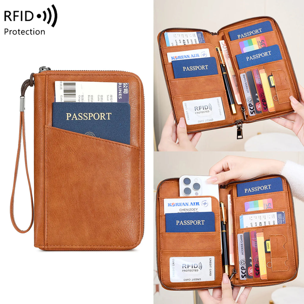 Family Passport Holder for 5, Leather RFID Blocking Multiple Passport Holder Wallet with Zipper, Travel Document Organizer