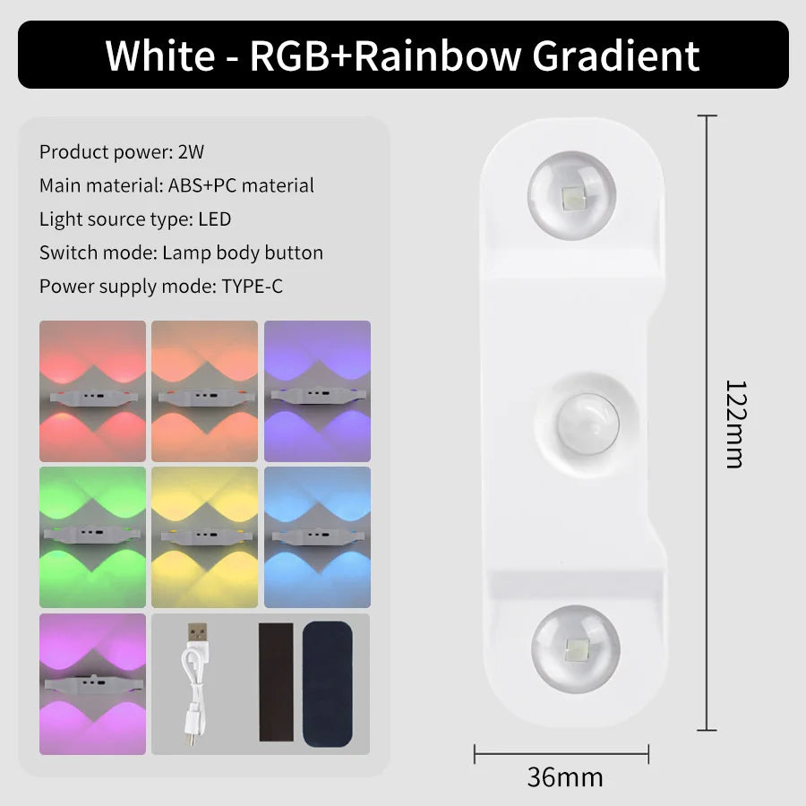 LED Motion Sensor Wall Light RGB 3Color Magnetic Rechargeable Night Lamp USB Touch Dimming Cabinet Stair Atmosphere Light Decor