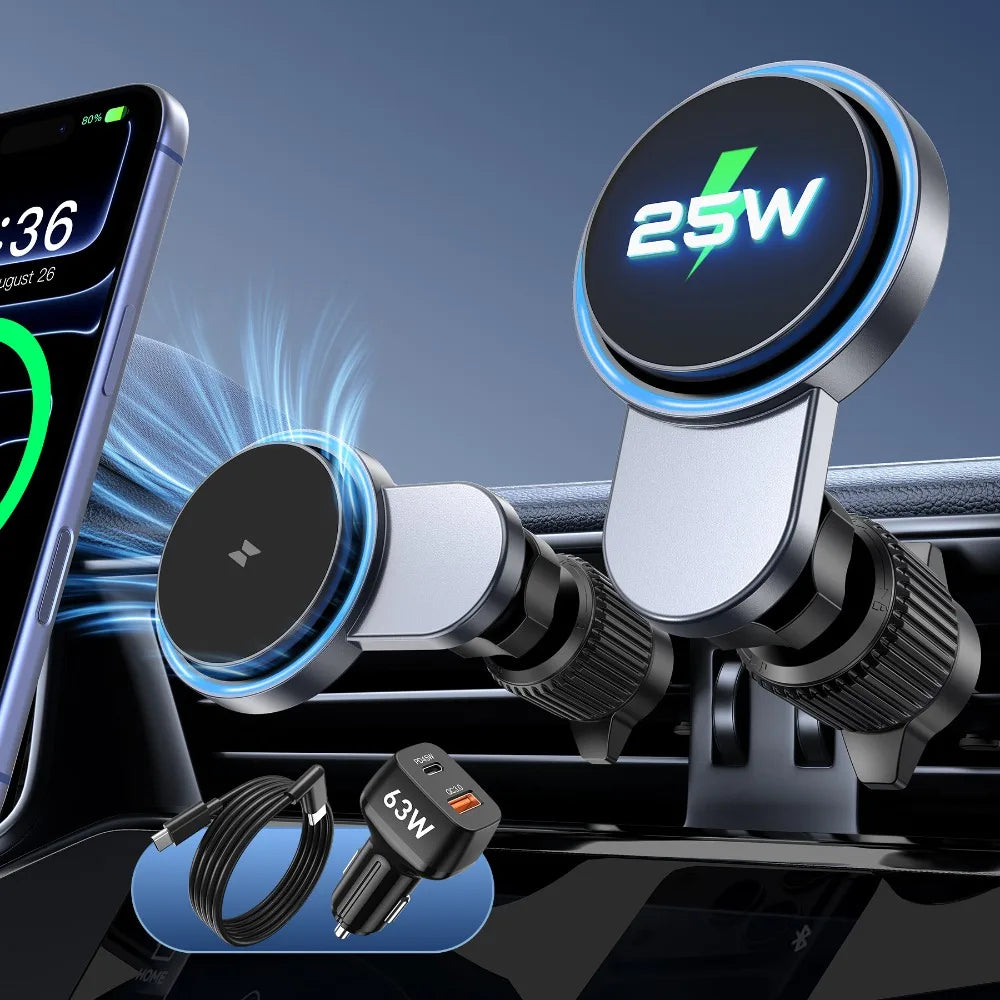 25W Magnetic Wireless Charger with Cooling Fan for iPhone 17/16/15/14/13/12 Car Vent Phone Holder Mount with 63W Cars Chargers
