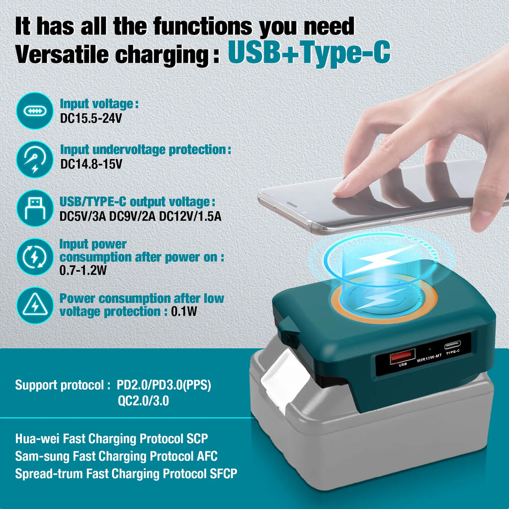15W Wireless Charger for Makita Dewalt Milwaukee Bosch 18V-20V Battery USB Type-C Fast Charging Adapter PD QC Mobile Phone
