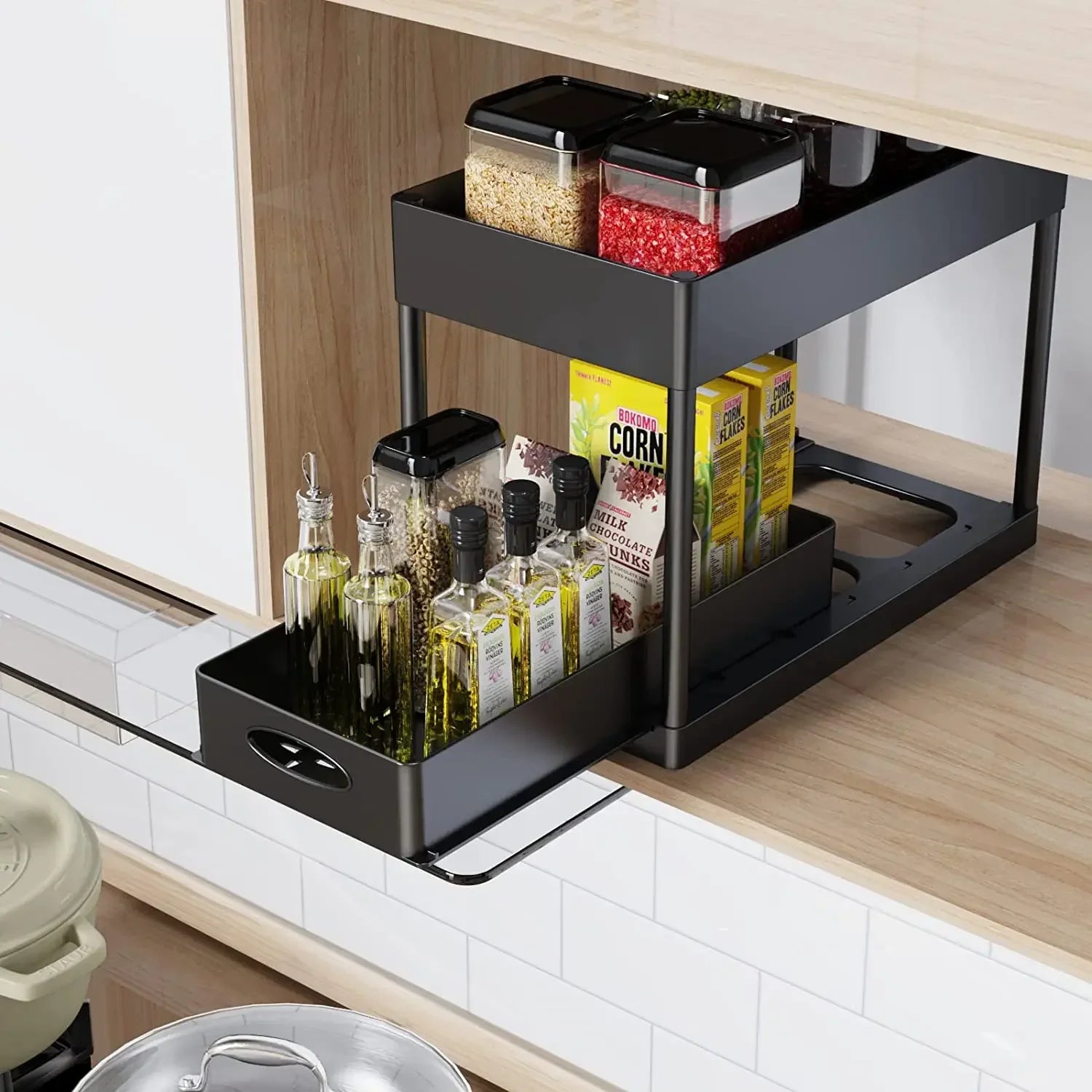 Bathroom Kitchen 2 Tier Under Sink Organizer Sliding Cabinet Storage Basket Rack with Hooks Hanging Cup
