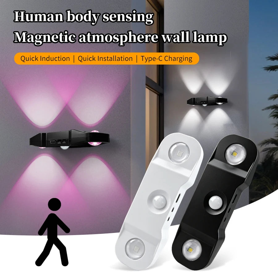 LED Motion Sensor Wall Light RGB 3Color Magnetic Rechargeable Night Lamp USB Touch Dimming Cabinet Stair Atmosphere Light Decor