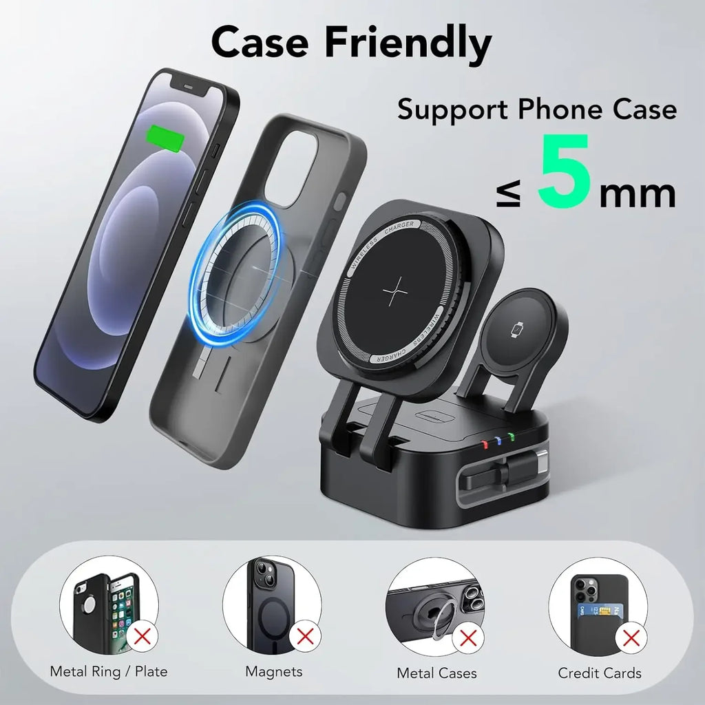 4-in-1 Magnetic Wireless Charger Built-in Retractable Cable Retractable Foldable Compact Charger Compatible with iPhone iWatch