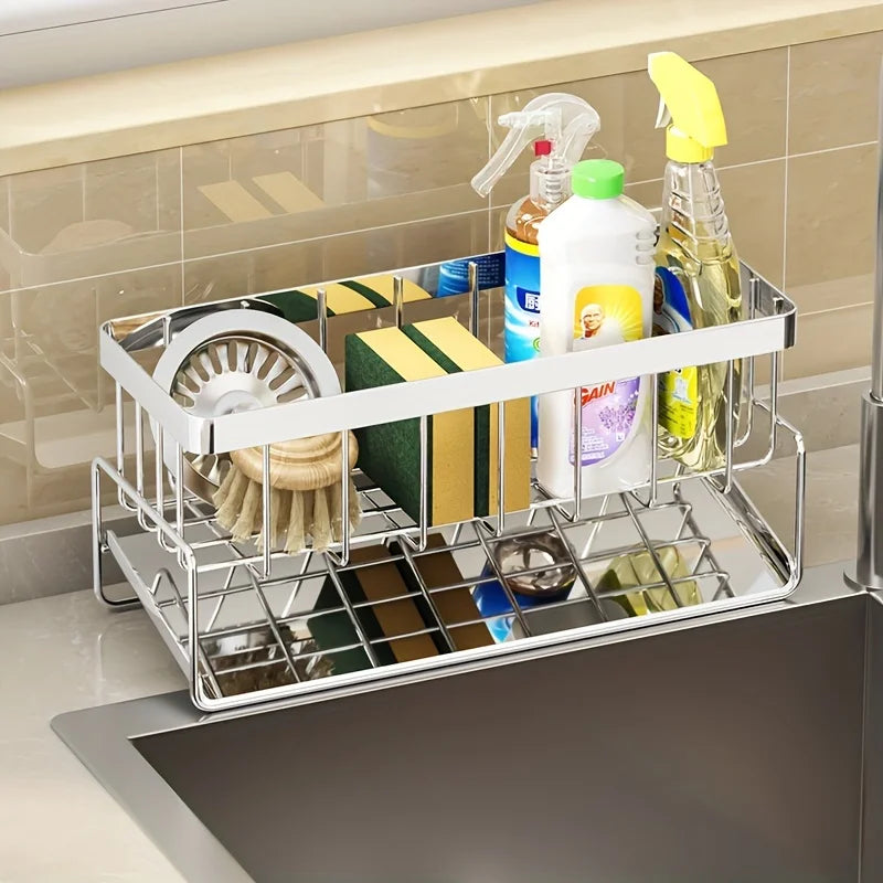 Stainless Steel Sink Caddy Organizer with Drain Tray, Rustproof Sponge Holder & Soap Dispenser for Kitchen Countertop Storage
