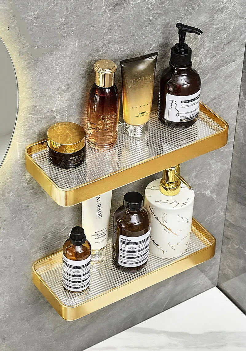 Brushed Gold Bathroom Shelf Aluminum Wall-mounted Shower Storage Rack Bath Shampoo Holder Corner shelf Bathroom Shelves