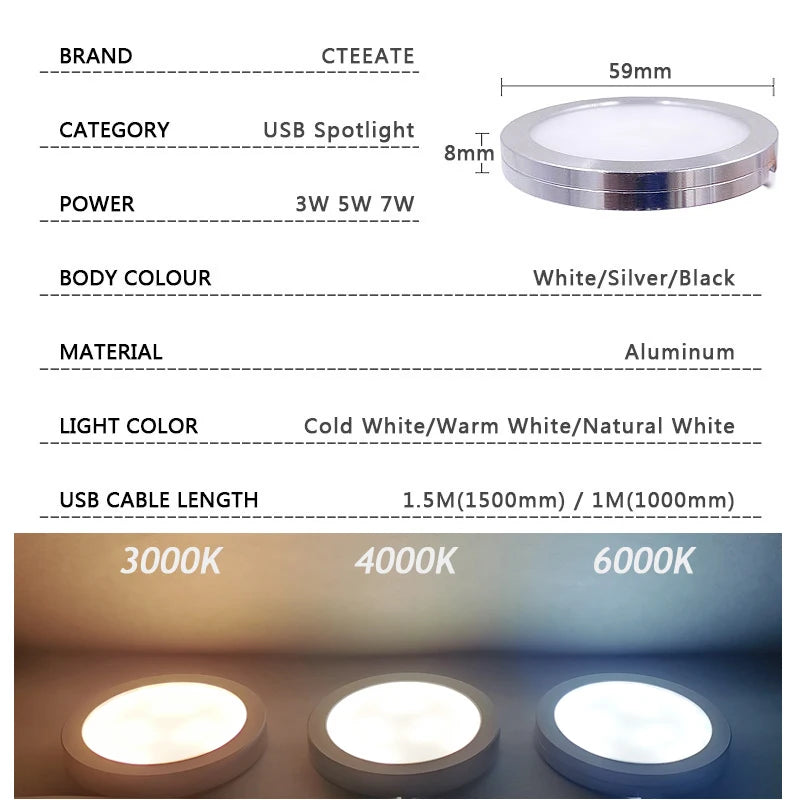 USB 5V LED Under Cabinet Light 5W 3W 7W Mini Spotlight Jewelry Display Showcase Wardrobe Surfaced Mounted Ceiling lamp downlight