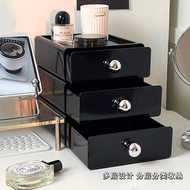 INS Black Desktop Storage Box Drawer Type Storage Organizer Box Dormitory Office Table Shelf For Stationery Sundries Jewelry