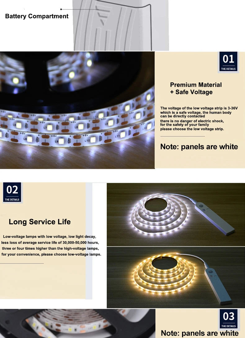 LED Motion Sensor Light LED Light Strip Cabinet Strip Lighting AAA Battery Waterproof for Kitchen Wardrobe Cabinet Pantry Closet
