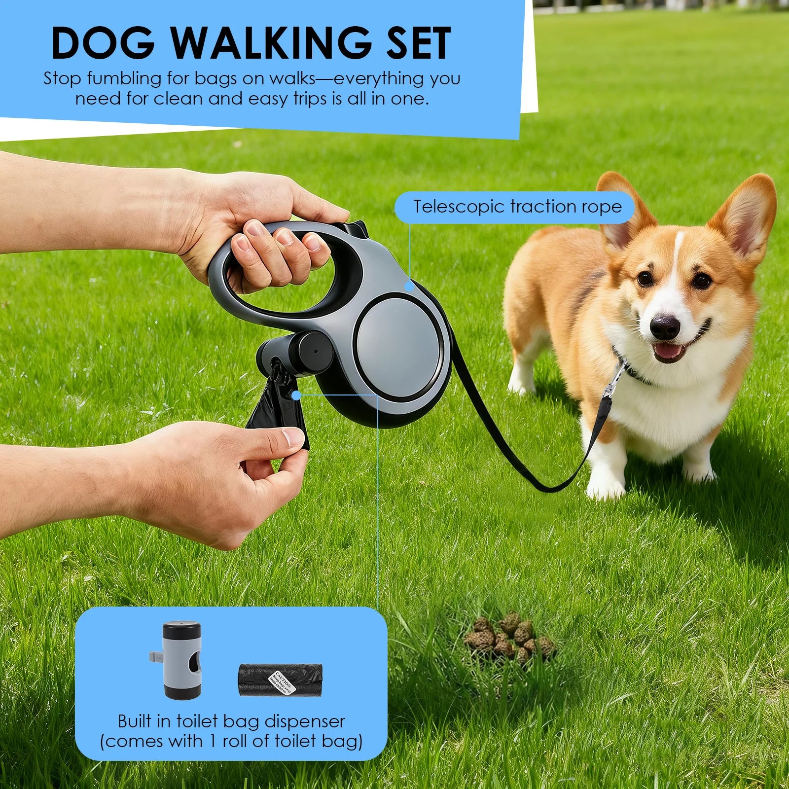 8 M Retractable Dog Leash 3 Mode Automatic Telescopic Dog Leash with Waste Bag and Nonslip Grip Dog Walking Leash Pet Supplies