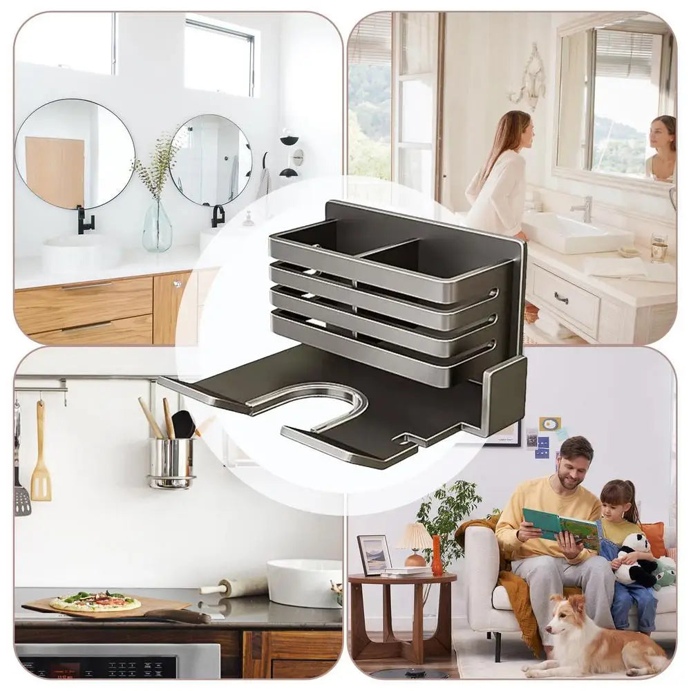 Wall Mounted Bathroom Shelf No Drill Multifunctional Storage Shelves Organizer with Hair Dryer Holder Toilet Cradle
