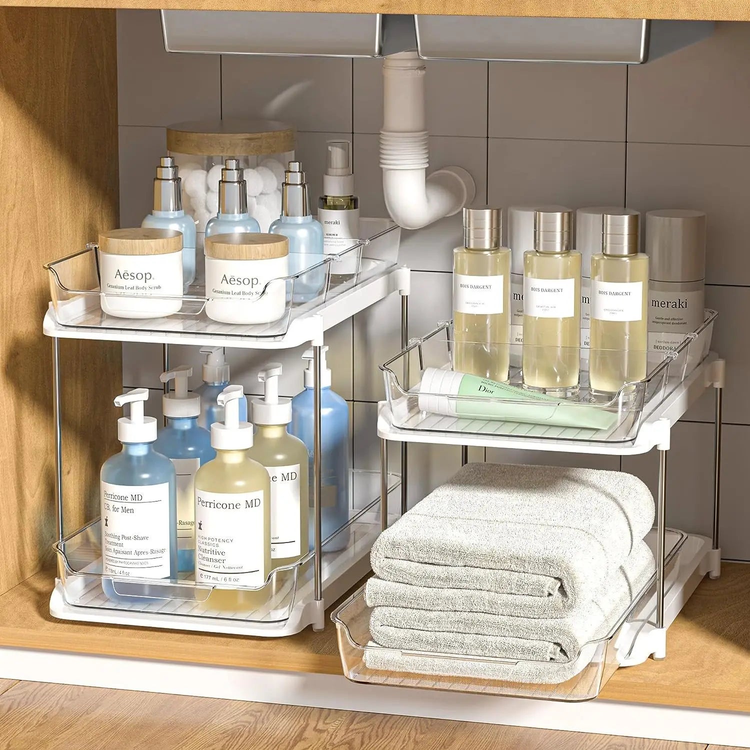 Double Layer Under Sink Storage Rack Space Saving Pull Out Slide Shelf for Bathroom Kitchen Cabinet Multi Functional Organizer
