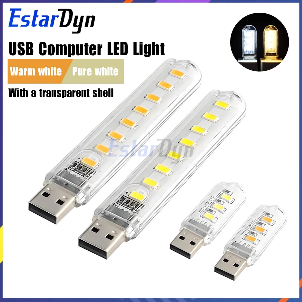 USB LED Lamp 3/8 LED Dimmable Portable Mini Light for Reading Night PC Laptop Desk Camping Power Bank