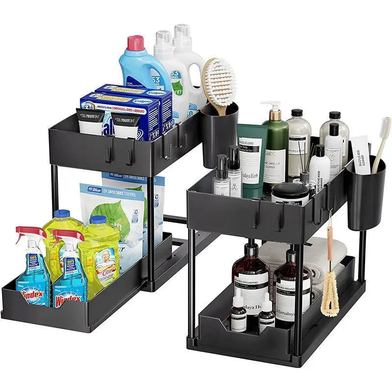 New 2 Tier Pull Out Under Sink Organizer, Sliding Cabinet Storage Shelf with Hooks & Cup, Multipurpose Rack for Kitchen Bathroom