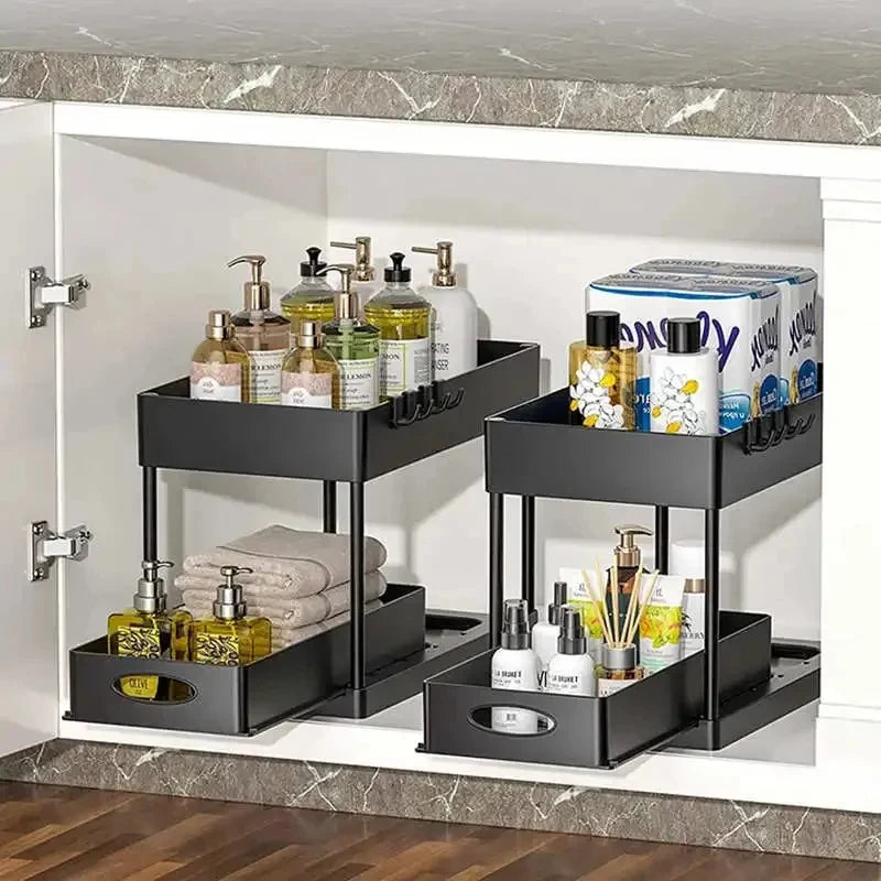 Bathroom Kitchen 2 Tier Under Sink Organizer Sliding Cabinet Storage Basket Rack with Hooks Hanging Cup