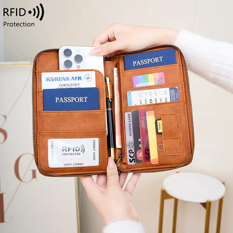 Family Passport Holder for 5, Leather RFID Blocking Multiple Passport Holder Wallet with Zipper, Travel Document Organizer