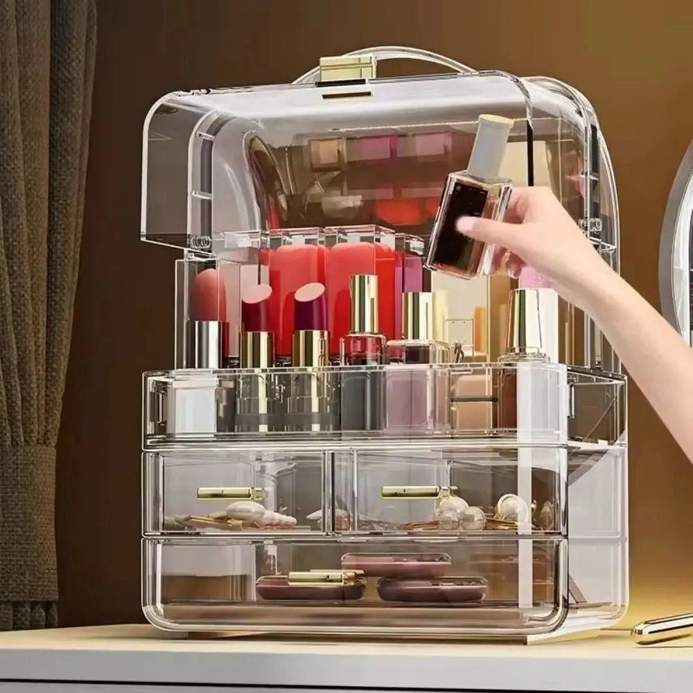 Drawer Style Cosmetics Storage Box with Lid and Handle Dustproof Makeup Storage Rack Clear Desktop Organizer