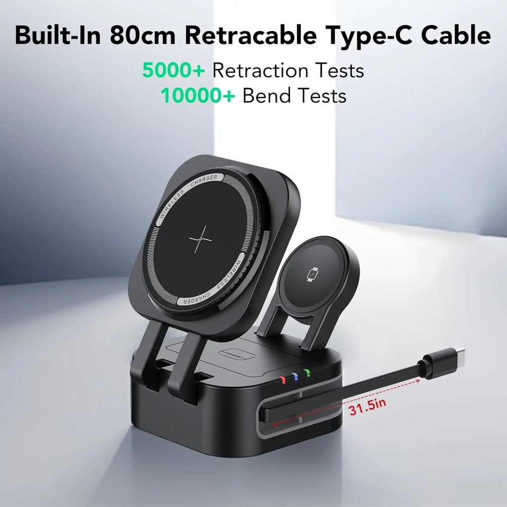 4-in-1 Magnetic Wireless Charger Built-in Retractable Cable Retractable Foldable Compact Charger Compatible with iPhone iWatch
