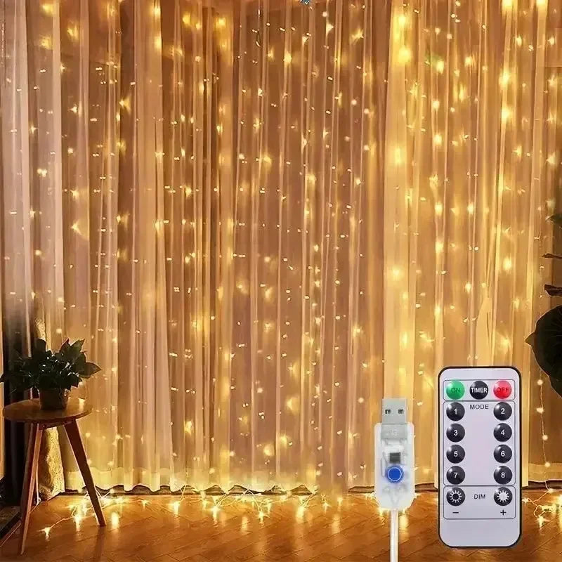 USB Powered LED Curtain Lights 8 Lighting Modes Valentine's Day Ramadan Decoration for Home 2026 Wedding Eid Mubarak Fairy Light