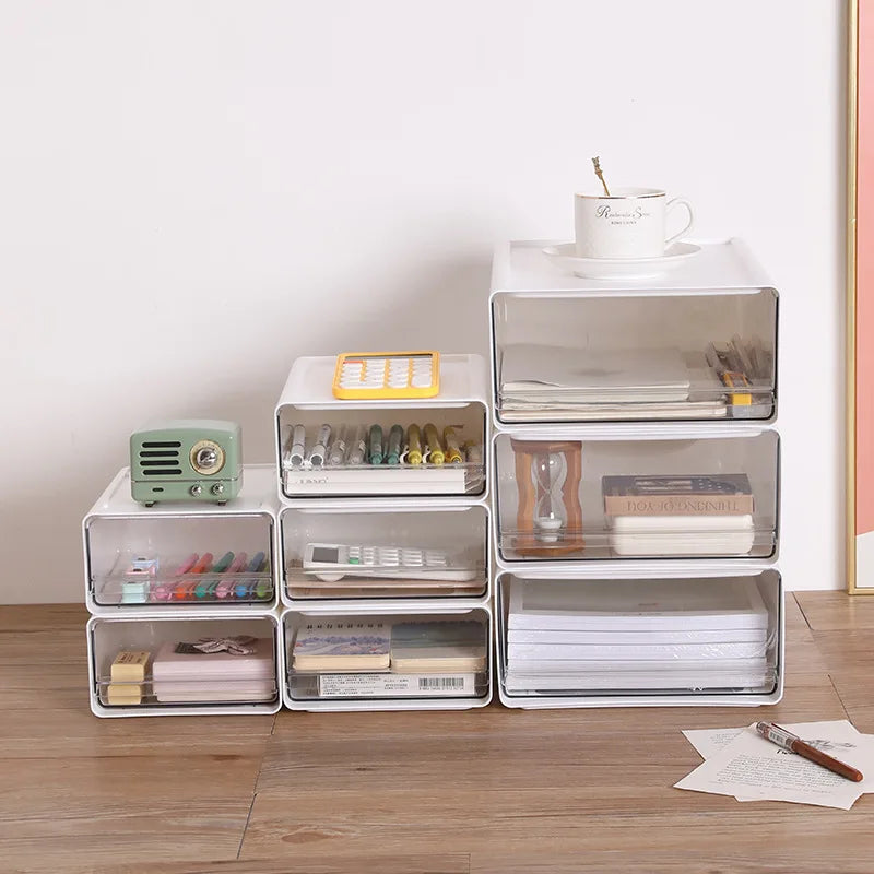 Stackable Drawer Organizer Desktop Storage Box Portable Cabinet for Office & Study Transparent Drawers with Combination Design