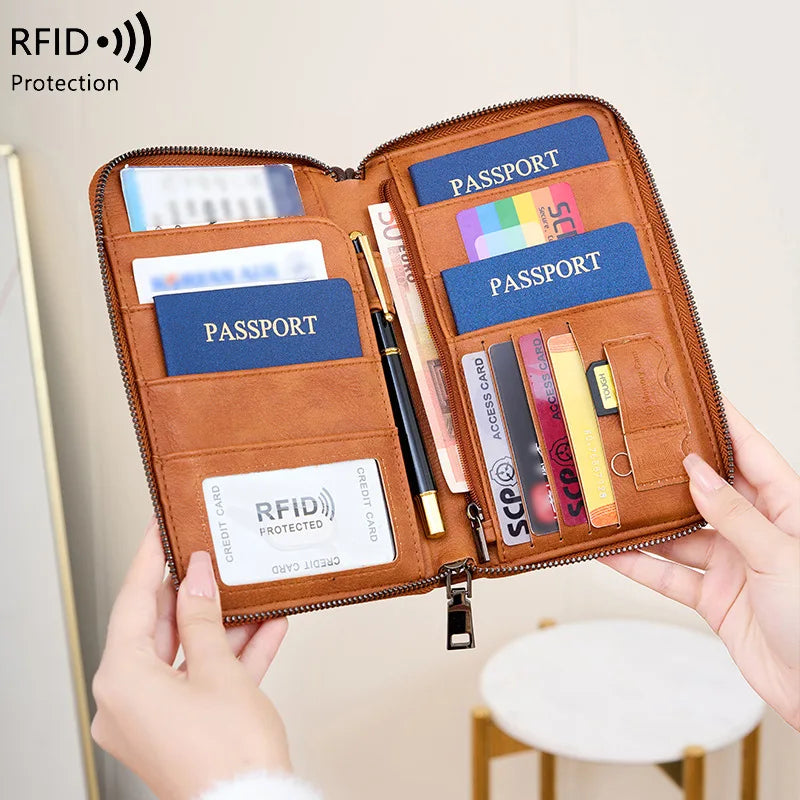 Family Passport Holder for 5, Leather RFID Blocking Multiple Passport Holder Wallet with Zipper, Travel Document Organizer