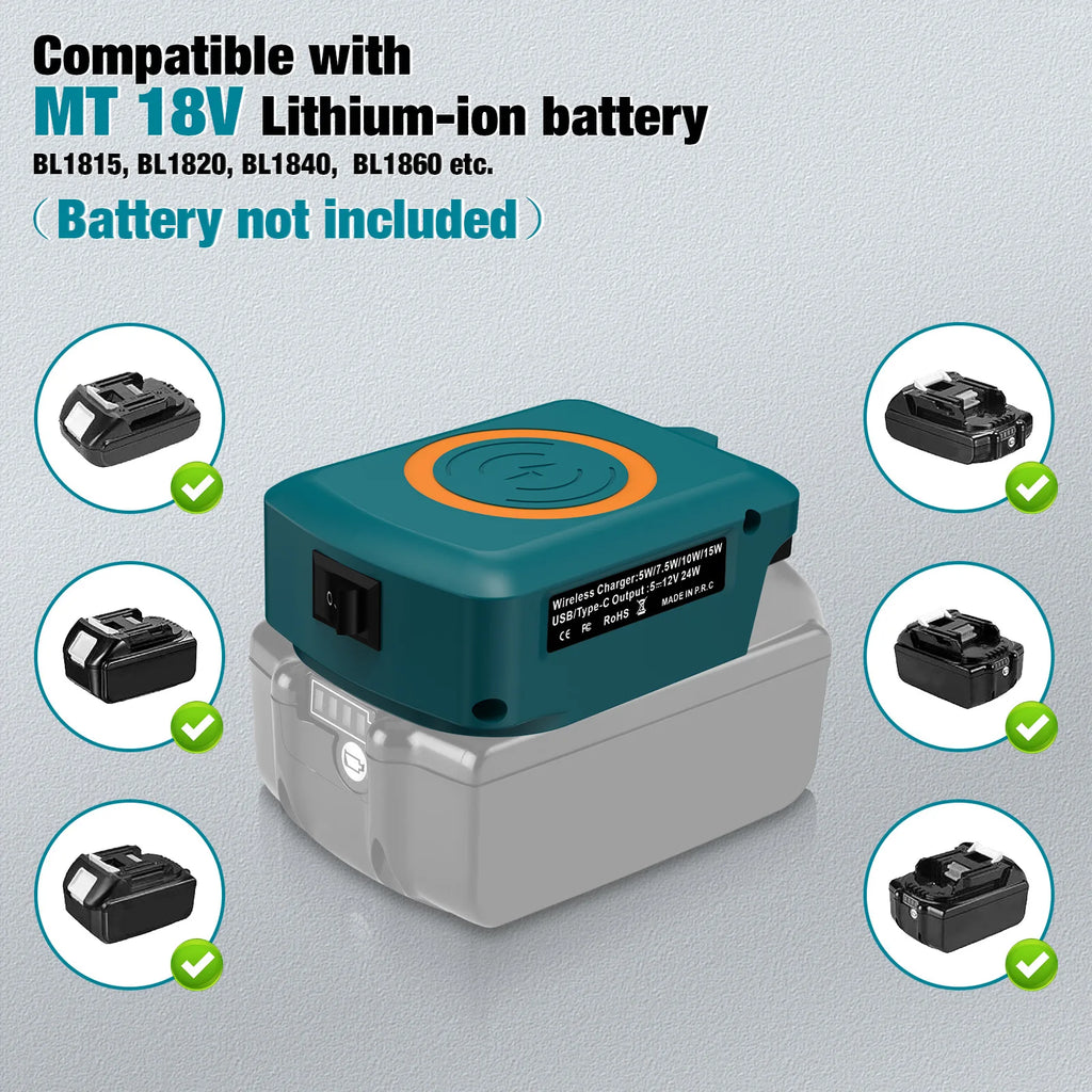 15W Wireless Charger for Makita Dewalt Milwaukee Bosch 18V-20V Battery USB Type-C Fast Charging Adapter PD QC Mobile Phone