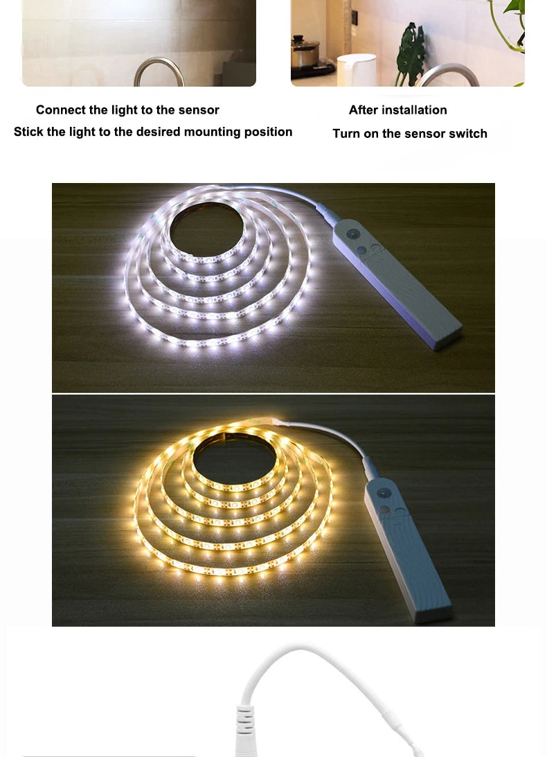 LED Motion Sensor Light LED Light Strip Cabinet Strip Lighting AAA Battery Waterproof for Kitchen Wardrobe Cabinet Pantry Closet