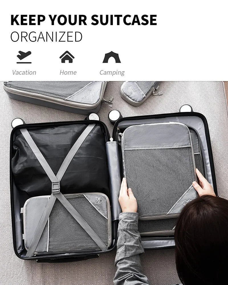 5PCS Travel Compressed Packing Cubes Storage Organizer Set With Shoe Bag Mesh Visual Luggage Portable Lightweight Suitcase Bag