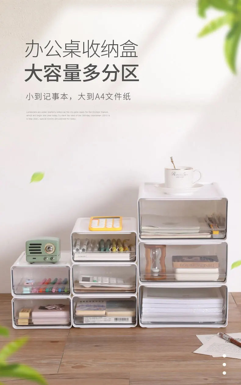 Stackable Drawer Organizer Desktop Storage Box Portable Cabinet for Office & Study Transparent Drawers with Combination Design