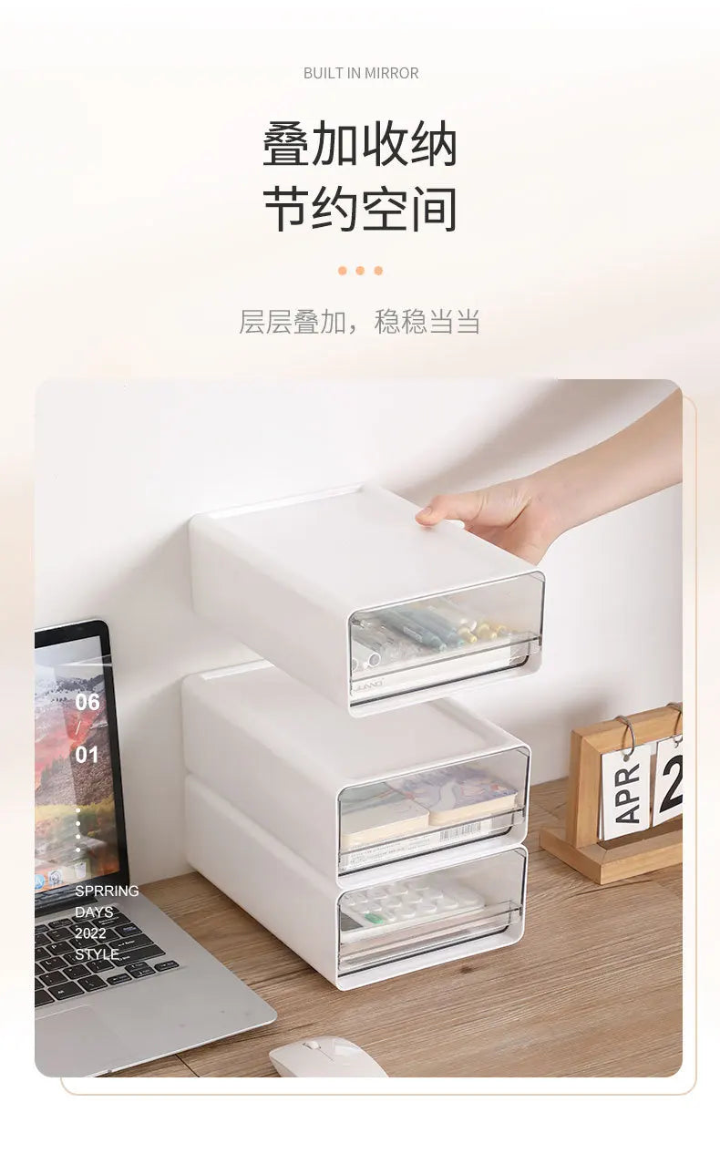 Stackable Drawer Organizer Desktop Storage Box Portable Cabinet for Office & Study Transparent Drawers with Combination Design