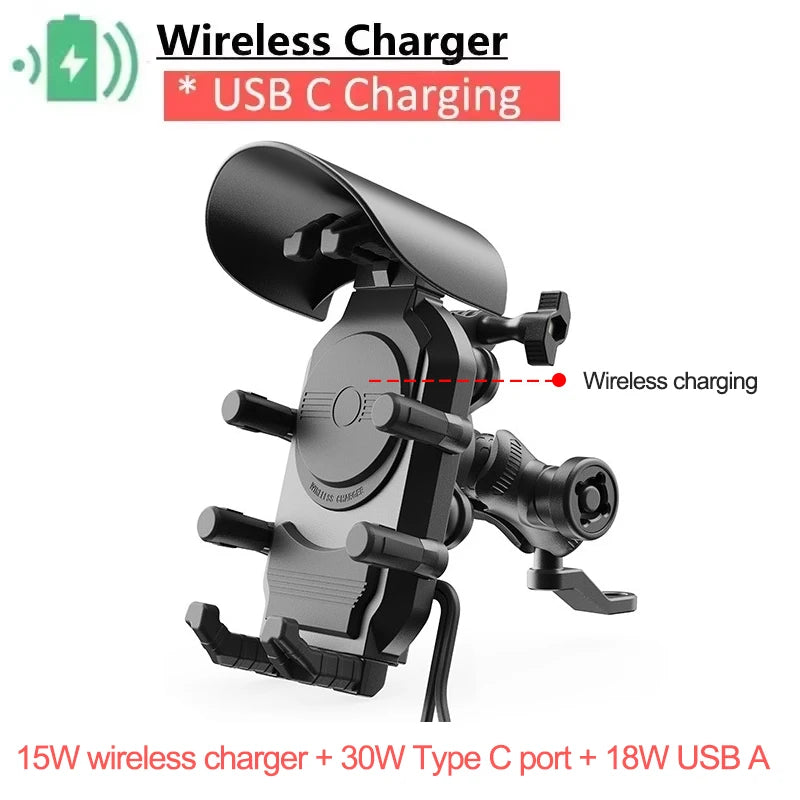 Fast Charging 15W Wireless Charger Shockproof Motorcycle Phone Holder 18W USB & 30W Type C Motorbike Bicycle Bike Scooter Stand