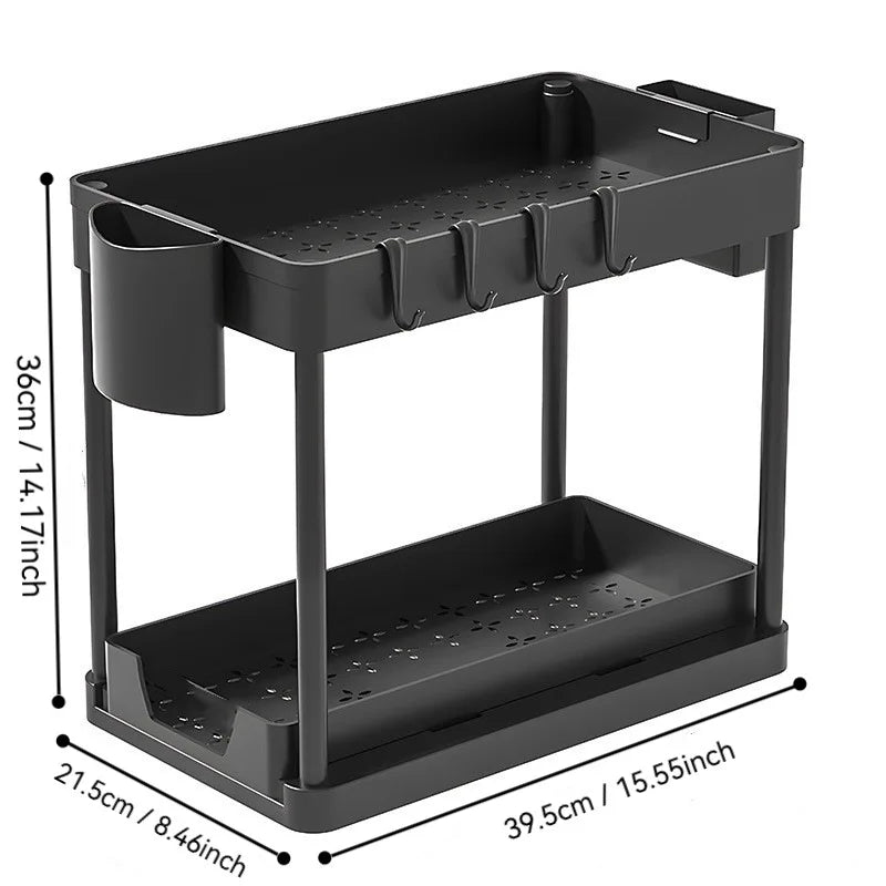 New 2 Tier Pull Out Under Sink Organizer, Sliding Cabinet Storage Shelf with Hooks & Cup, Multipurpose Rack for Kitchen Bathroom