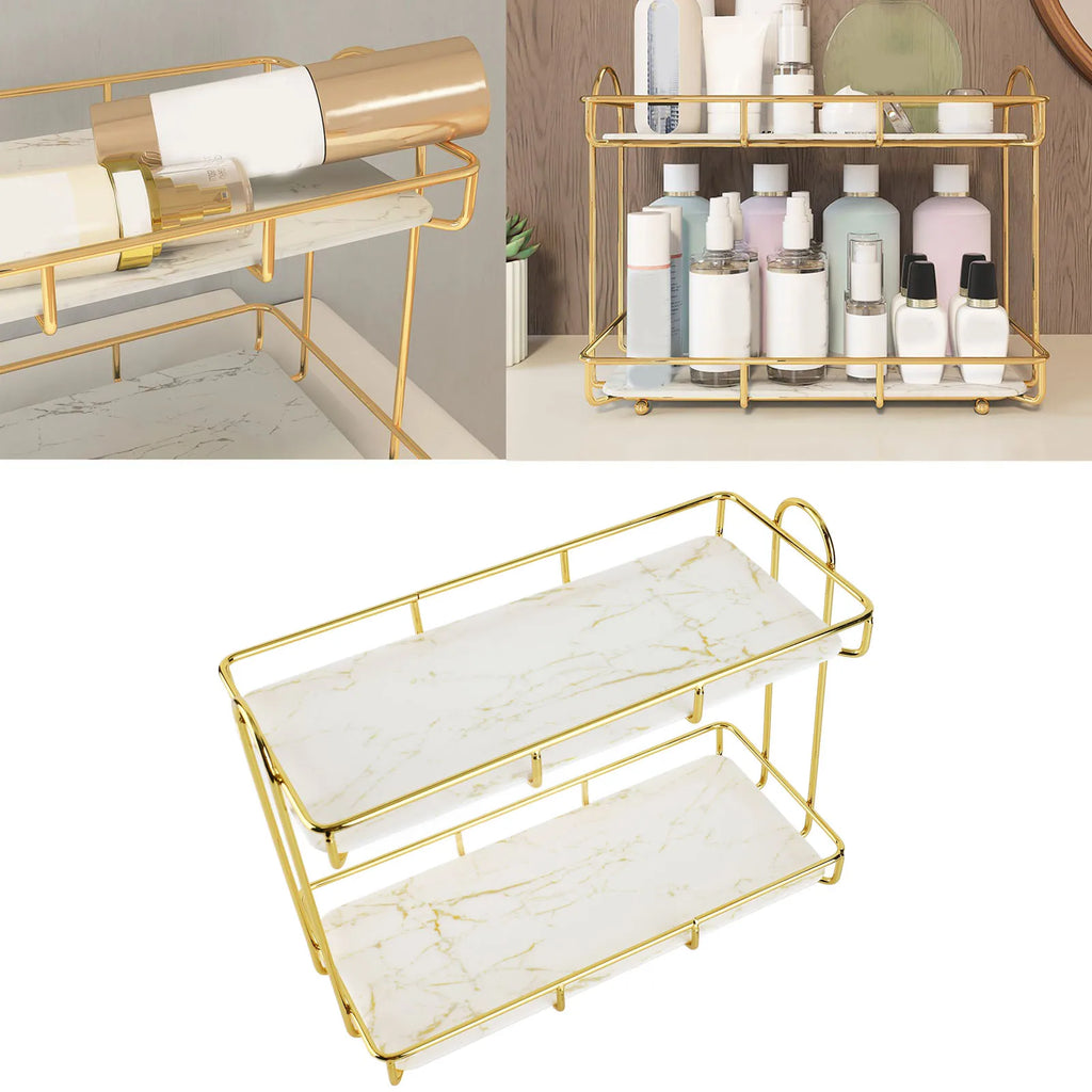 Bathroom Storage Rack Gold White 2 Tier Makeup Shelf Humanized Structure Anti Slip Counter Organizer Bathroom Counter Organizer