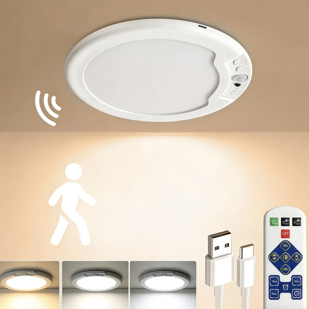 LED Motion Sensor Ceiling Light  Magnetic Installation With Remote Control USB Rechargeable For Shower Bedroom Closet Night Lamp