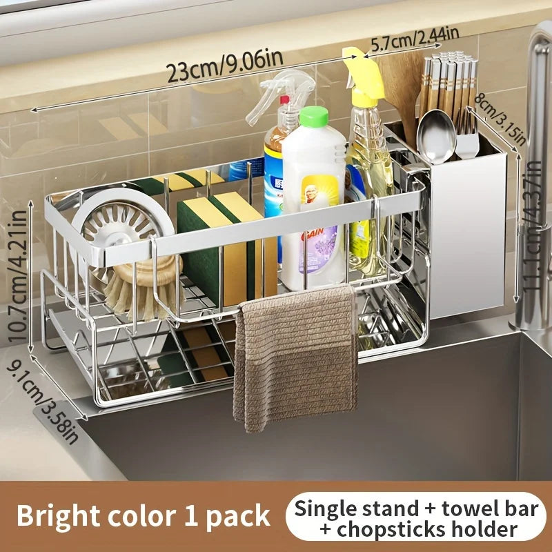 Stainless Steel Sink Caddy Organizer with Drain Tray, Rustproof Sponge Holder & Soap Dispenser for Kitchen Countertop Storage