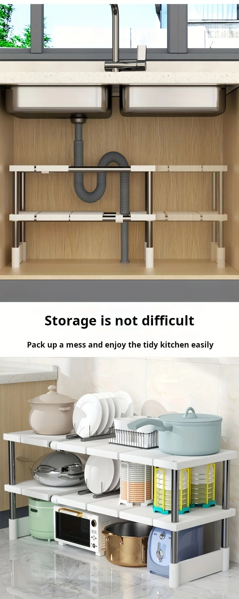 Adjustable Under Sink Storage Rack Expandable Kitchen & Bathroom Cabinet Organizer Durable Space-Saving Multi-Layer Pot Holder