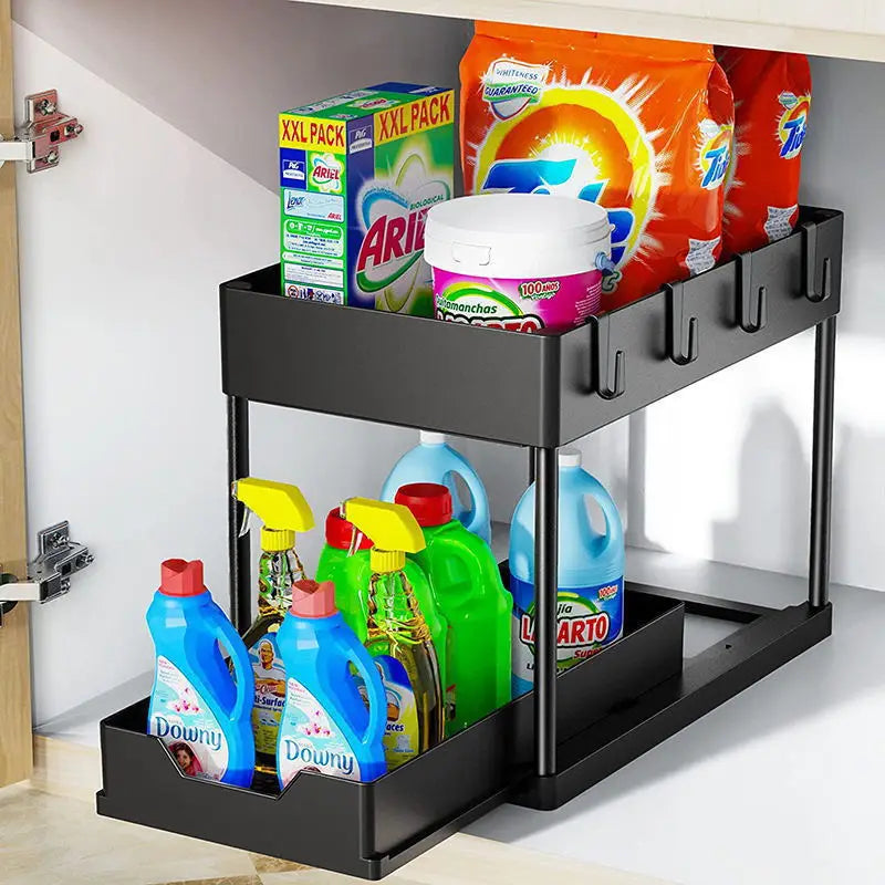New 2 Tier Pull Out Under Sink Organizer, Sliding Cabinet Storage Shelf with Hooks & Cup, Multipurpose Rack for Kitchen Bathroom