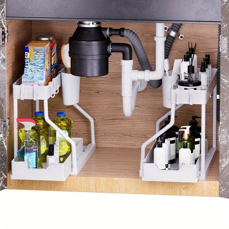 2 Tier Under Sink Organizer, Pull Out Cabinet Storage Shelf with Hooks & Hanging Cup, Space Saving Rack for Kitchen Bathroom