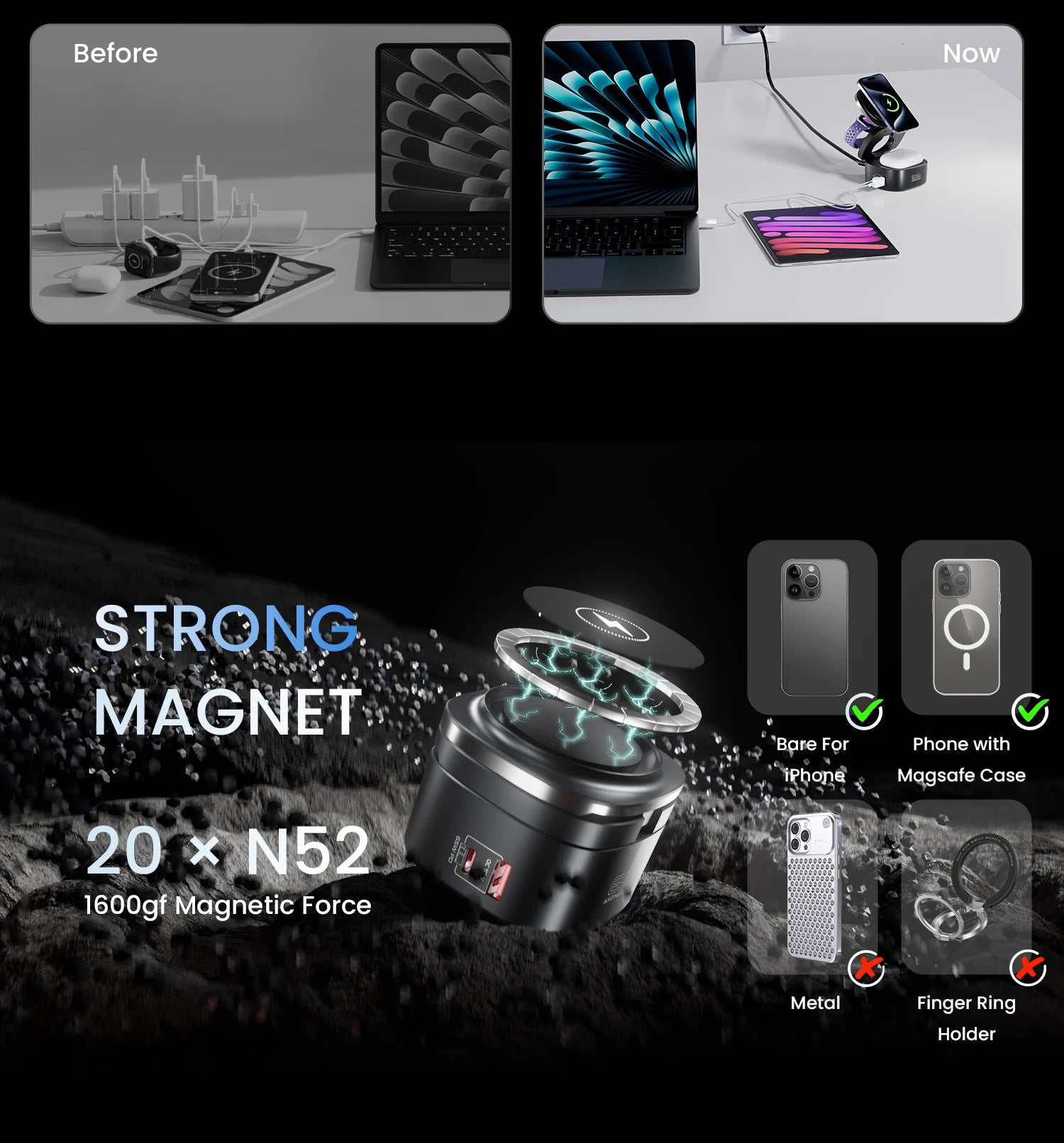 65W GaN USB Type C Wireless Charger Station 5 In 1 USB C PD3 0 QC3 0 For Mackook Phone iPhone 16 AirPods iWatch Wireless Charger