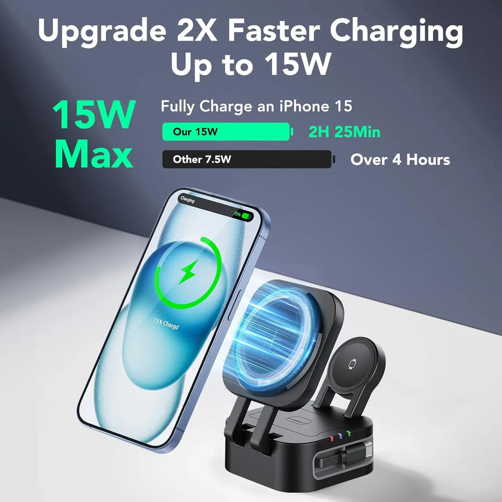 4-in-1 Magnetic Wireless Charger Built-in Retractable Cable Retractable Foldable Compact Charger Compatible with iPhone iWatch