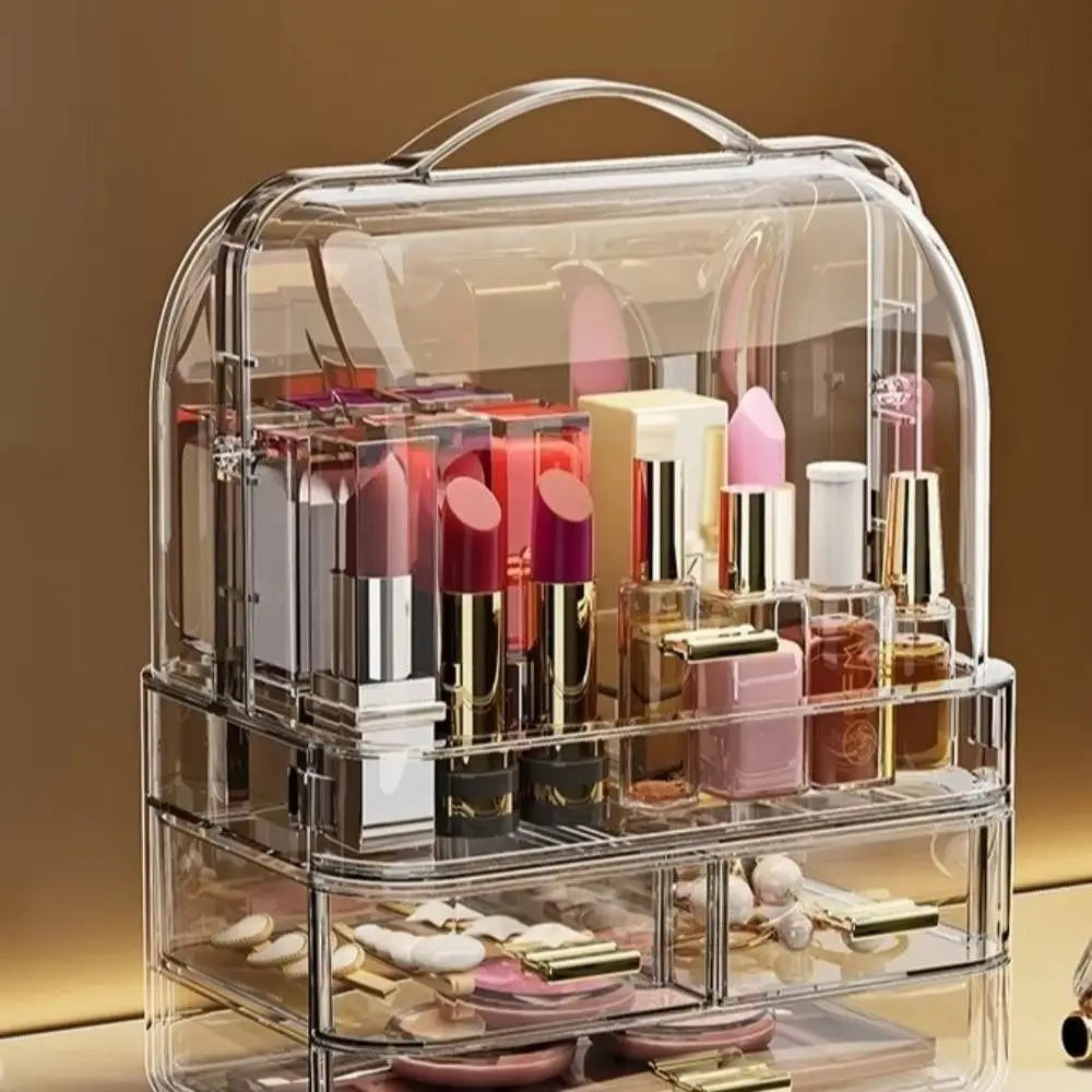 Drawer Style Cosmetics Storage Box with Lid and Handle Dustproof Makeup Storage Rack Clear Desktop Organizer