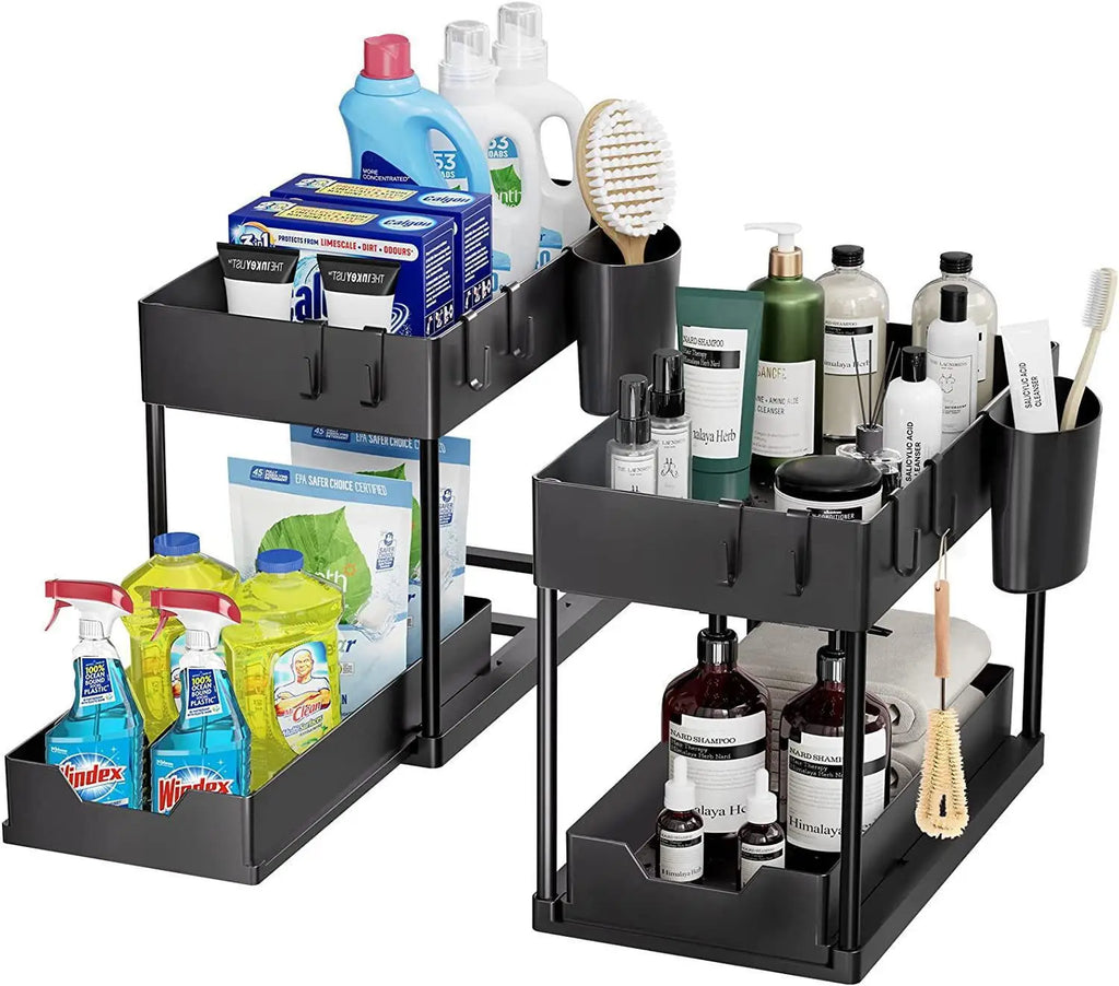 New 2 Tier Pull Out Under Sink Organizer, Sliding Cabinet Storage Shelf with Hooks & Cup, Multipurpose Rack for Kitchen Bathroom